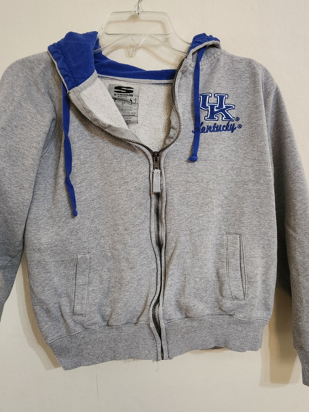 Stadium Athletics Kids Gray Zip-Up Hoodie with Blue Hood & Drawstrings